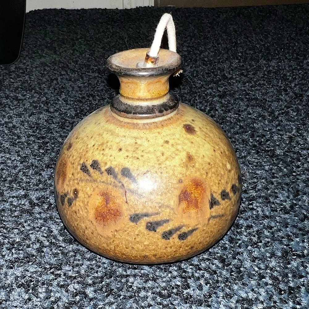 Vintage Stoneware Floral Pottery Vase/ Clay Oil Lamp - Picture 7 of 11